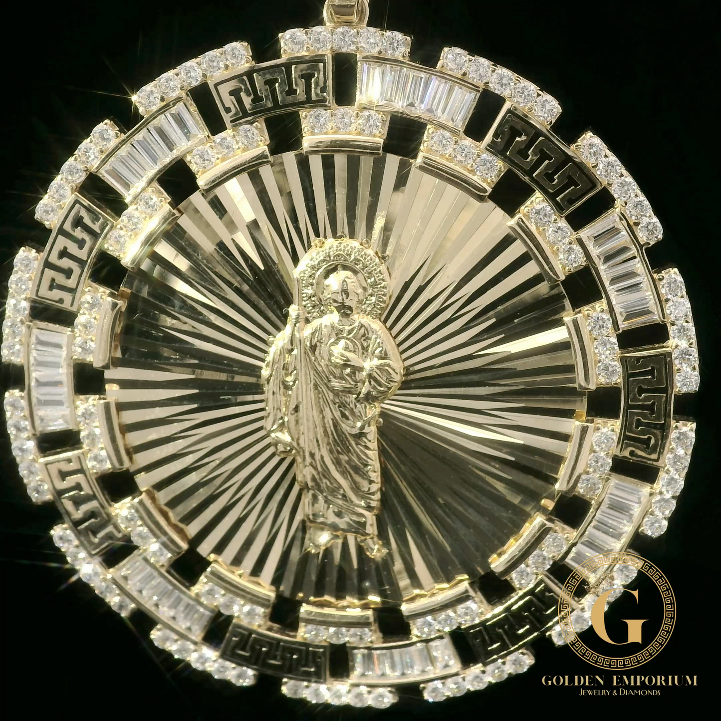 14K Gold San Judas Religious Pendant with Stone Accents