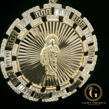 14K Gold San Judas Religious Pendant with Stone Accents