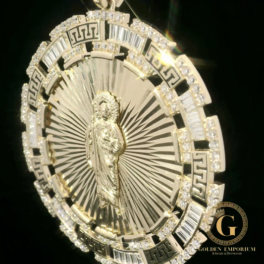 14K Gold San Judas Religious Pendant with Stone Accents
