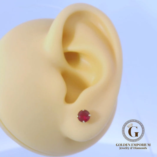 14K Gold Ruby Red Stone Stud Earrings